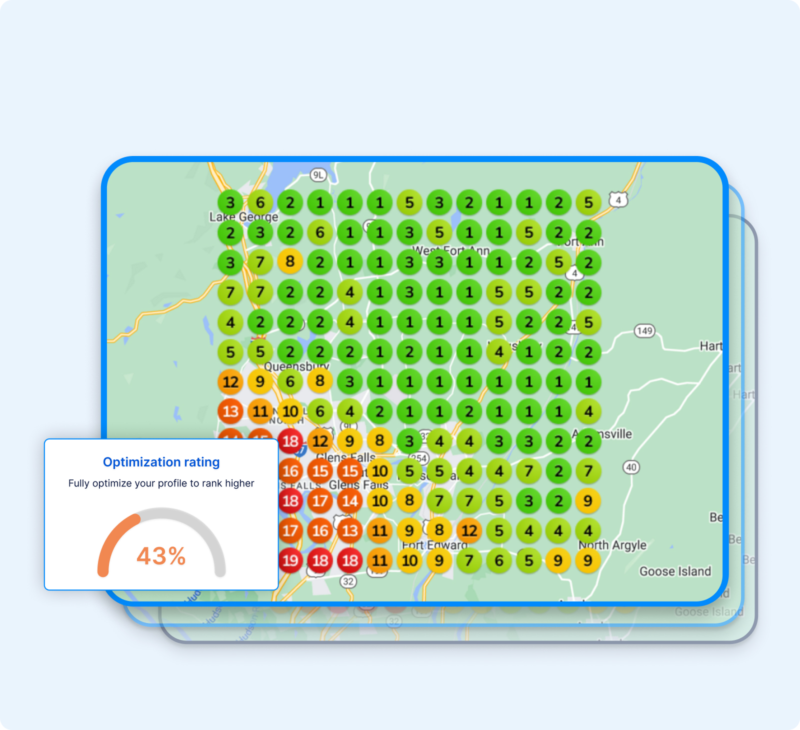 Illustrative local ranking heatmap showing green top positions and orange and red lower positions across a service area.